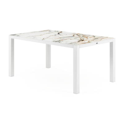Table de jardin Como en aluminium blanc et céramique pleine calacatta luxe - Lg 160 x Larg. 100 x H 76 cm
