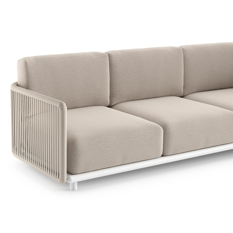 Organo loungebank in wit aluminium en beige verticaal geweven luxe vlakke rope met slow farafra all weather Sunbrella® luxe kussen