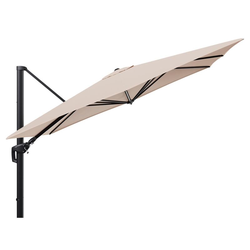 Minore zweefparasol tiltfunctie in zwart aluminium en parasoldoek in All Weather Sunbrella® Luxe Natte Linen Chalk - L1 280 x L2: 370 cm (zonder voet)