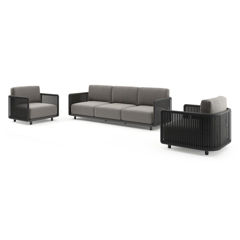 Organo loungeset in zwart aluminium en zwart verticaal geweven luxe vlakke rope met chartres drizzle all weather Sunbrella® luxe kussen