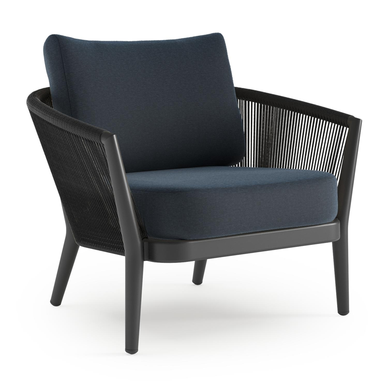 Fauteuil de jardin Orso en aluminium noir en corde ronde tissée verticalement noir et coussins en all weather sunbrella® luxe Heritage Indigo