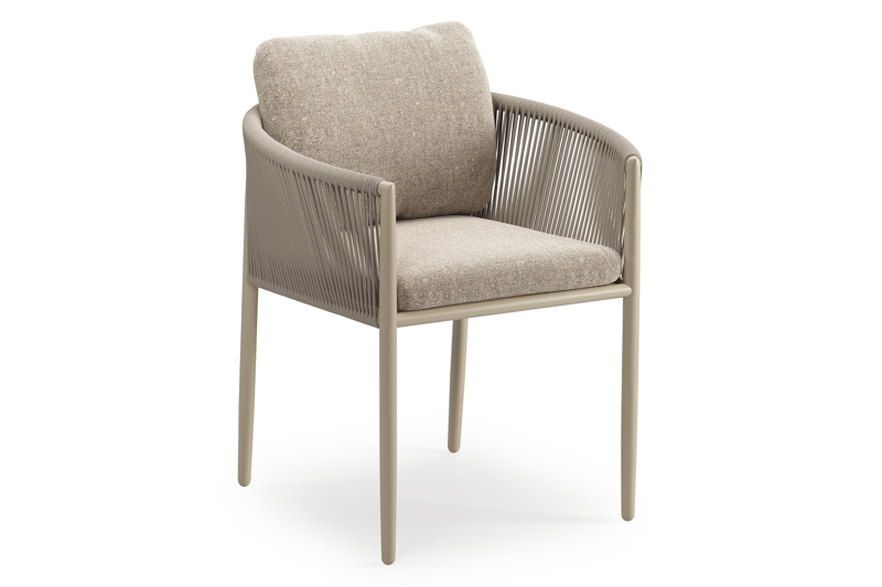 Organo tuinstoel in zwart aluminium en beige verticaal geweven luxe vlakke rope met stoelkussen in All Weather Sunbrella® Luxe Chartres Pewter