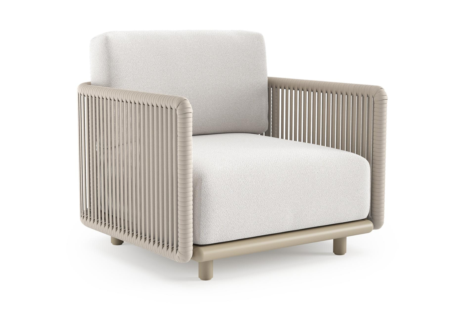 Fauteuil de jardin Organo en aluminium beige et corde luxe plate tissée verticalement beige et coussin en all weather Solica soul optik