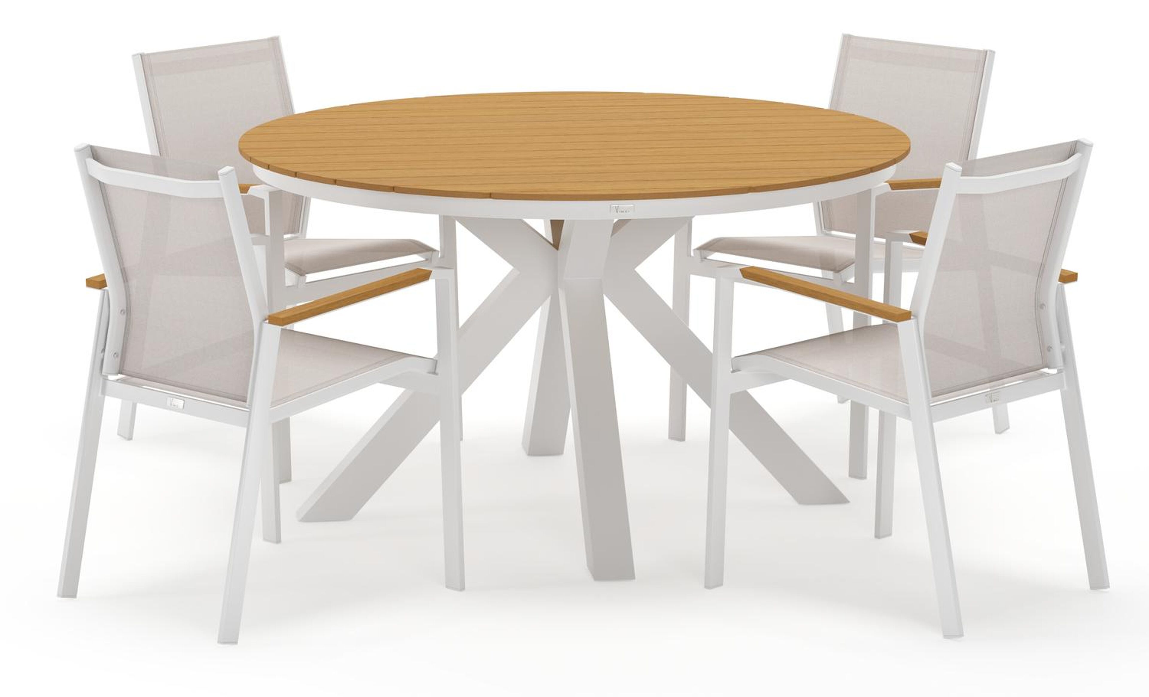 Tora tuinset rond in wit aluminium en polywood met 4 Bahia tuinstoelen