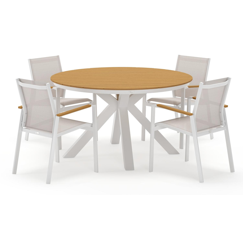 Tora tuinset rond in wit aluminium en polywood met 4 Bahia tuinstoelen