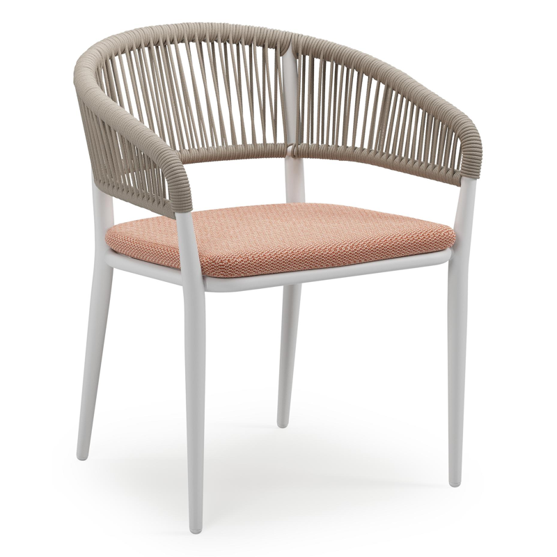 Tolfa stapelbare tuinstoel in wit aluminium en beige verticaal geweven ronde rope met stoelkussen in All Weather Sunbrella® Luxe Lopi Fawn