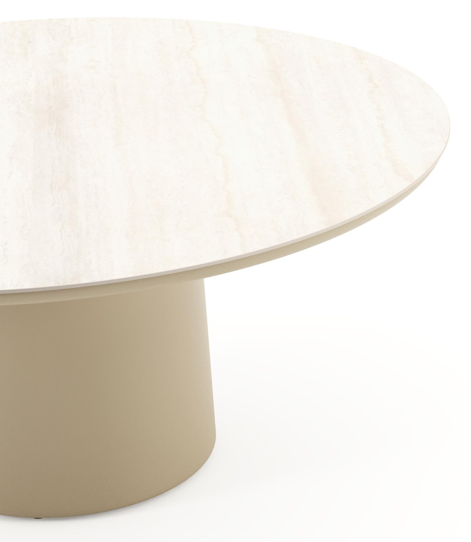 Amico low dining tuintafel rond in beige aluminium en volkeramiek Travertino Bianco - Dia. 148 x H 61 cm