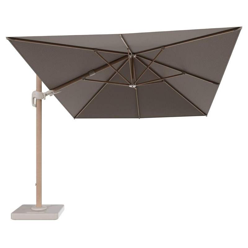 Rufina zweefparasol tiltfunctie in houtlook aluminium en parasoldoek in All Weather Solica Firenze Earth - L1 400 x L2 300 cm met parasolvoet Lapido 160 kg