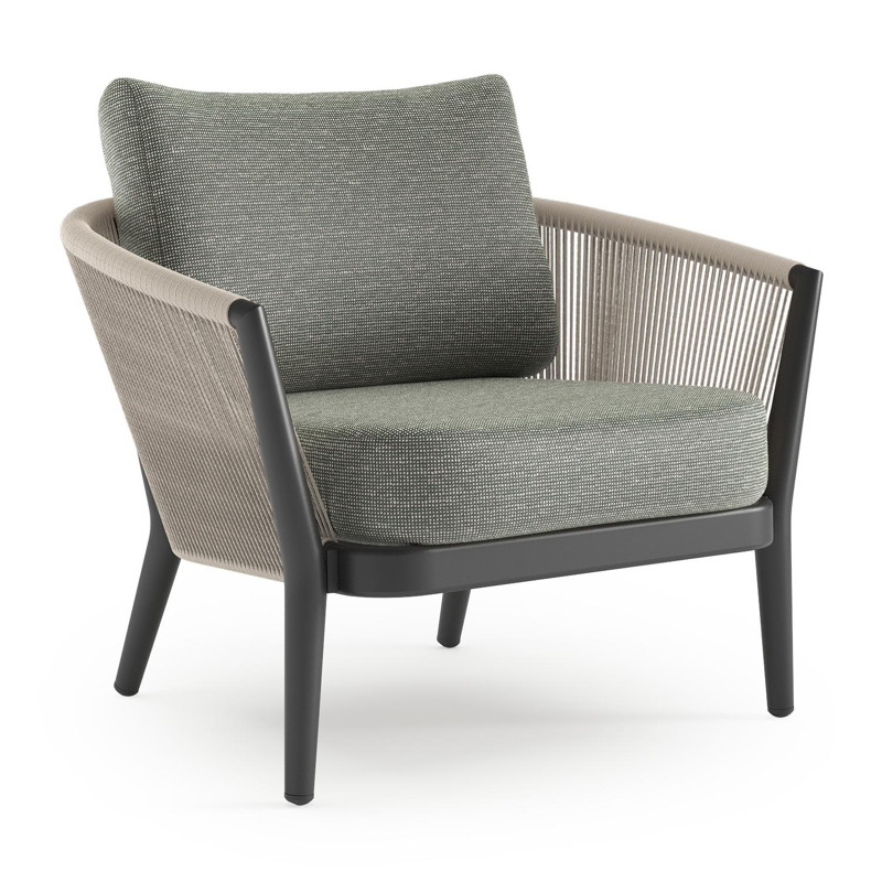 Orso loungestoel in zwart aluminium en beige verticaal geweven ronde rope met Slow Fern all weather sunbrella® luxe kussen