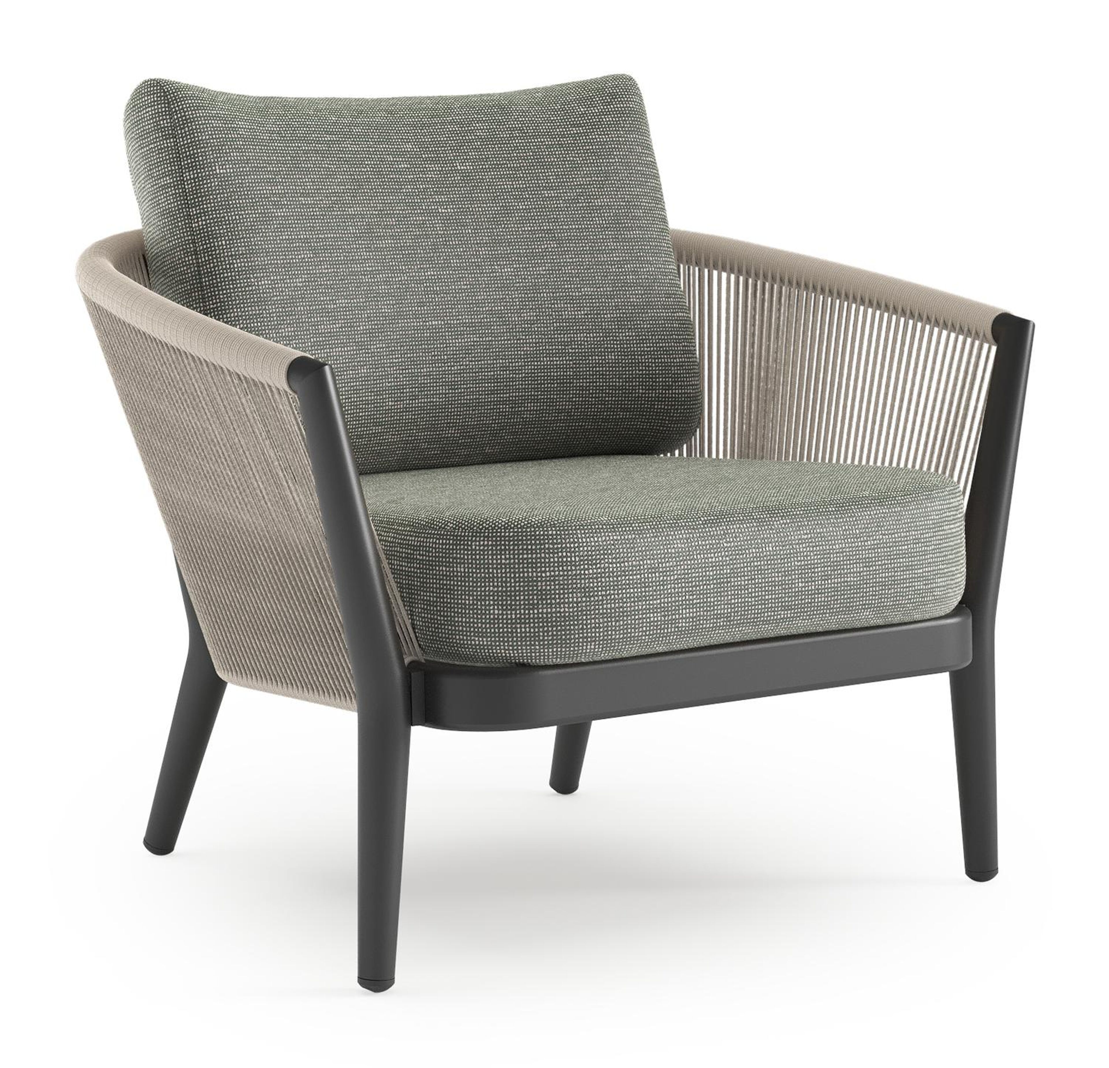 Orso loungestoel in zwart aluminium en beige verticaal geweven ronde rope met Slow Fern all weather sunbrella® luxe kussen