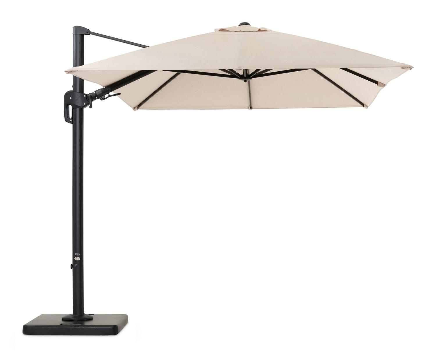 Rufina zweefparasol met tiltfunctie in zwart aluminium met beige all weather sunbrella® premium parasoldoek - L1: 250 x L2: 350 cm (met voet)
