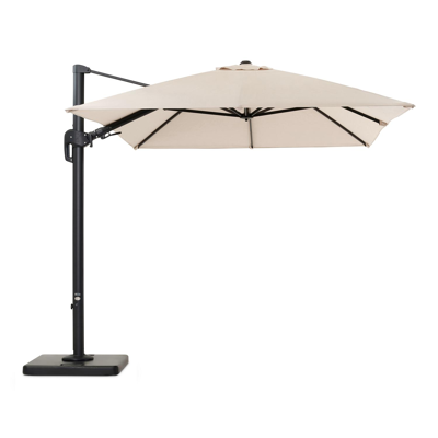 Rufina zweefparasol met tiltfunctie in zwart aluminium met beige all weather sunbrella® premium parasoldoek - L1: 250 x L2: 350 cm (met voet)