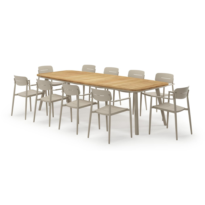Mosa bootvormige tuinset in beige aluminium en teak natural finish met 10 Cosa tuinstoelen