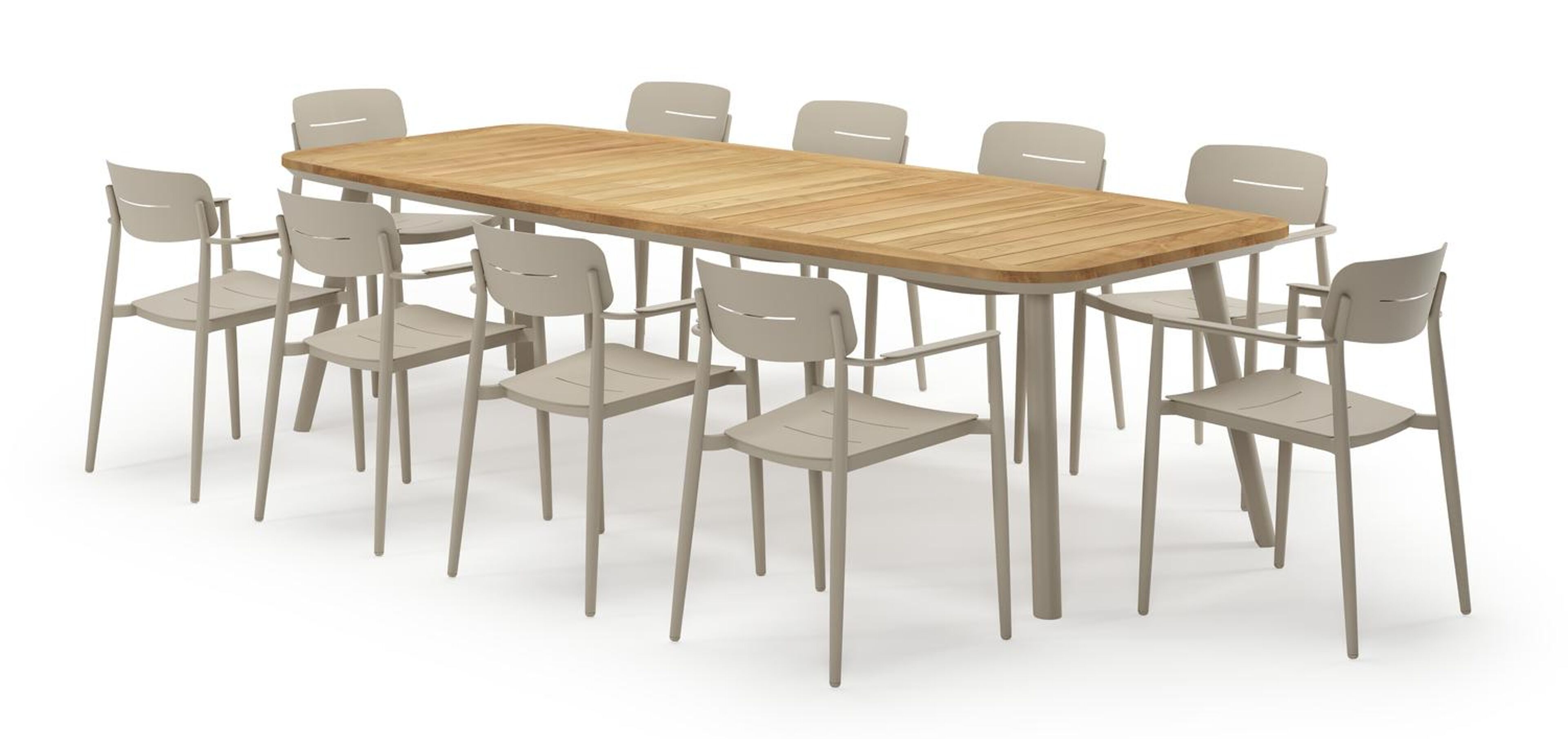 Mosa bootvormige tuinset in beige aluminium en teak natural finish met 10 Cosa tuinstoelen