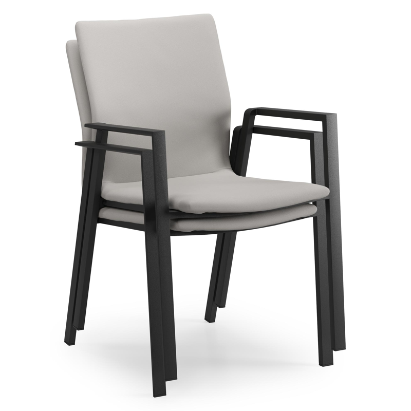 Ensemble de jardin Amalfi avec table extensible en aluminium noir avec plateau de table en teck et 6 chaises de jardin empilables Madura