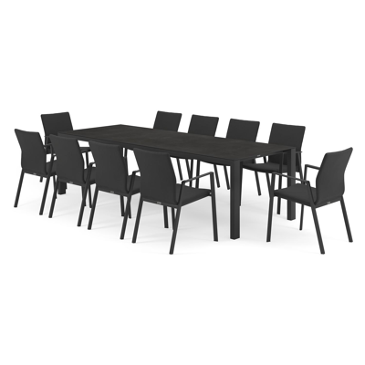 Trente tuinset in zwart aluminium en zwart volkeramiek tafelblad met 10 stapelbare Madura tuinstoelen