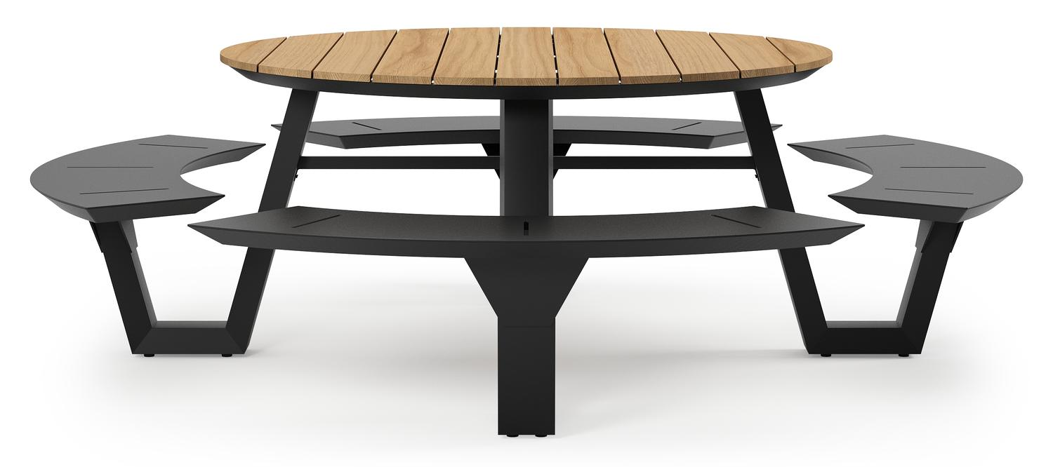 Rondino picknicktafel in zwart aluminium en teak tafelblad - Ø 236 x H 71,5 cm