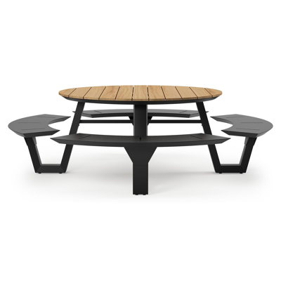 Rondino picknicktafel in zwart aluminium en teak tafelblad - Ø 236 x H 71,5 cm