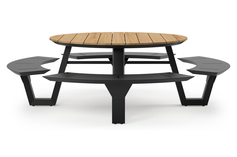 Rondino picknicktafel in zwart aluminium en teak tafelblad - Ø 236 x H 71,5 cm