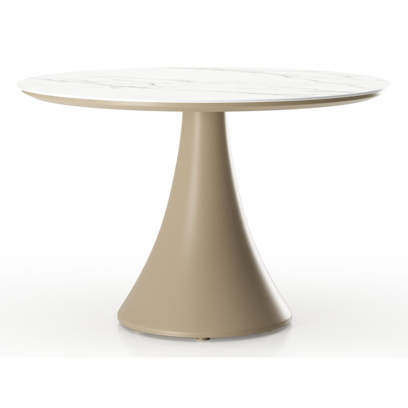 Table de basse low dining Fano ronde en aluminium beige et céramique pleine Calacatta - Diam. 85 x Haut. 55 cm