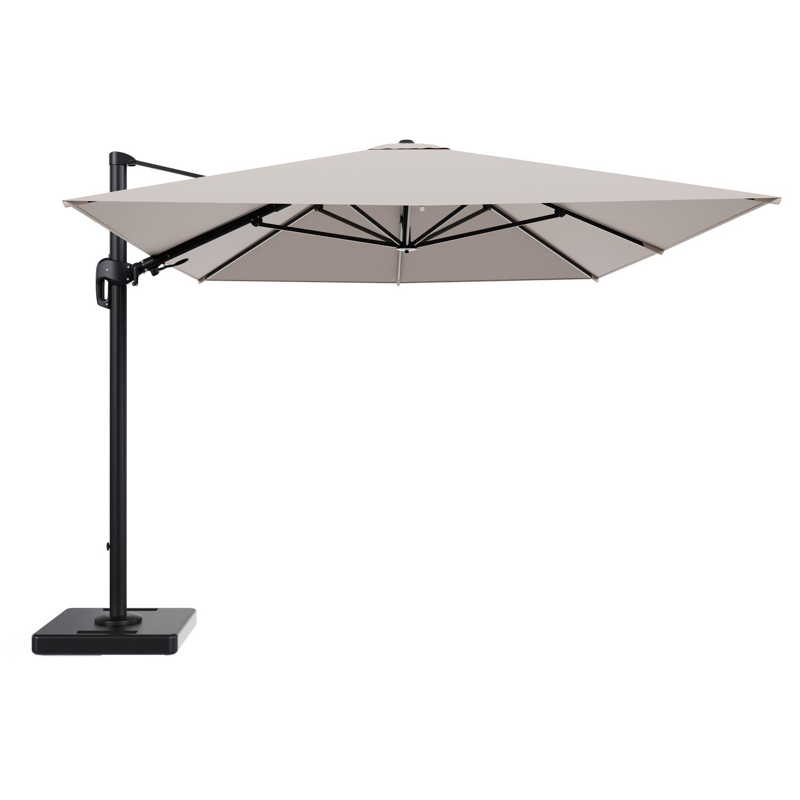 Rufina zweefparasol tiltfunctie in zwart aluminium en parasoldoek in All Weather Sunbrella® Luxe Wander Pilat - L1 400 x L2 300 cm met parasolvoet Lapido 160 kg