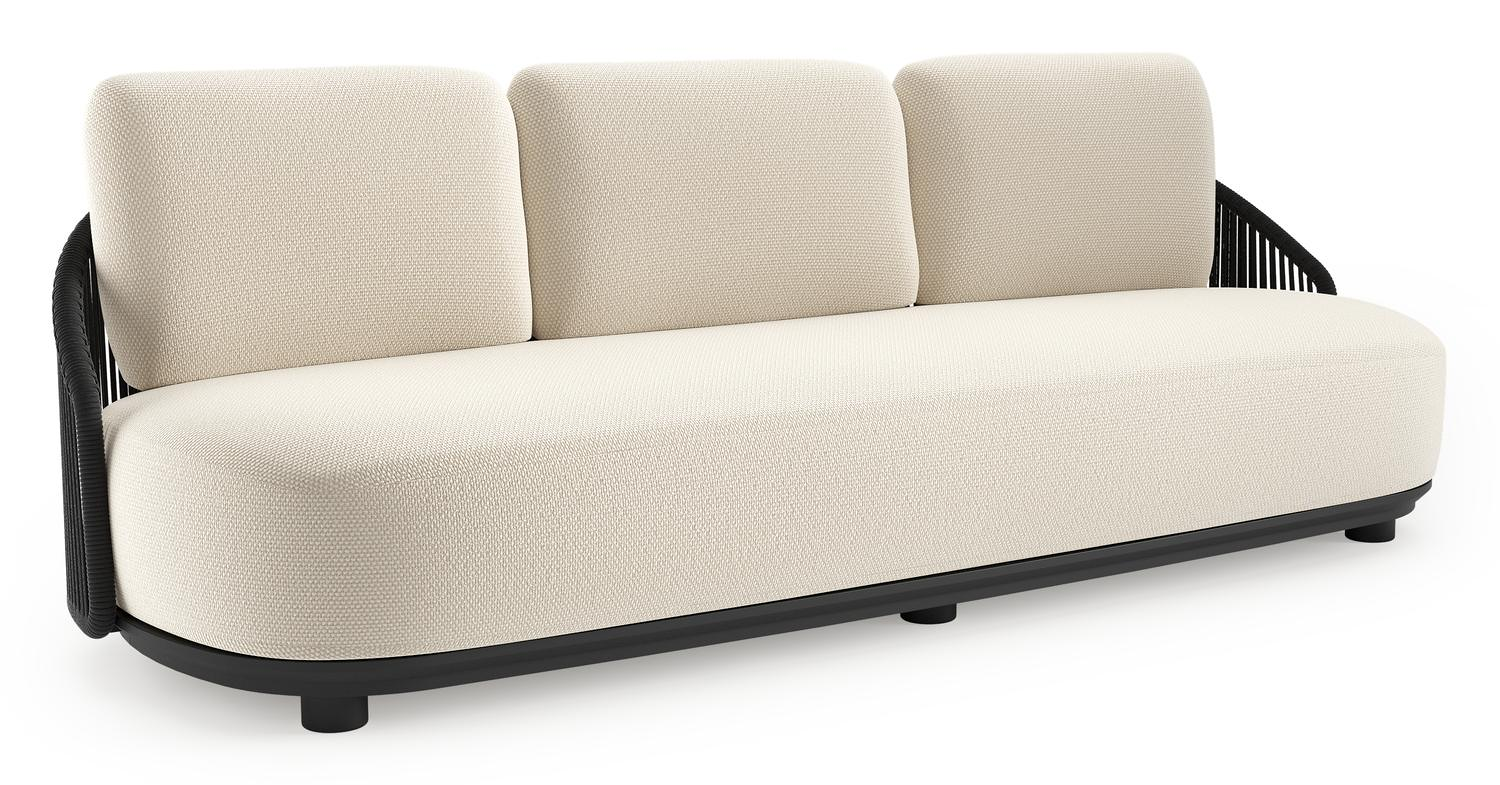 Canapé de jardin Vadelo en aluminium noir et corde ronde tissée verticalement noir et coussins en all weather cosytica althea off white