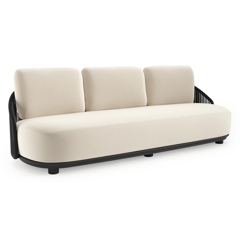 Canapé de jardin Vadelo en aluminium noir et corde ronde tissée verticalement noir et coussins en all weather cosytica althea off white