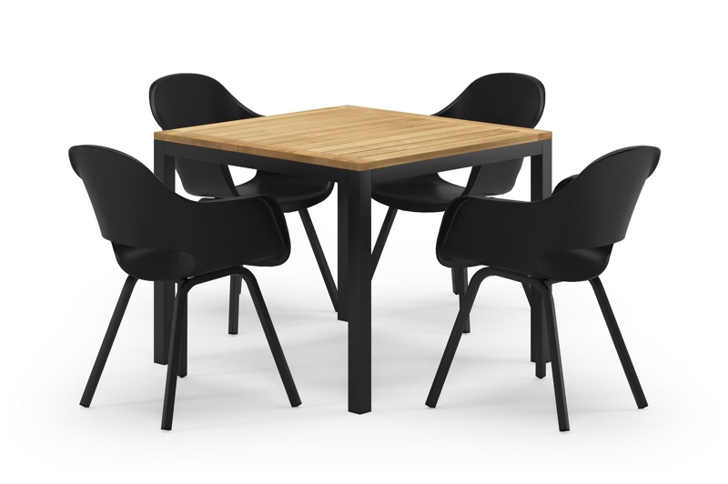Feltro vierkante tuinset in zwart aluminium en teak natural finish met 4 Artena tuinstoelen