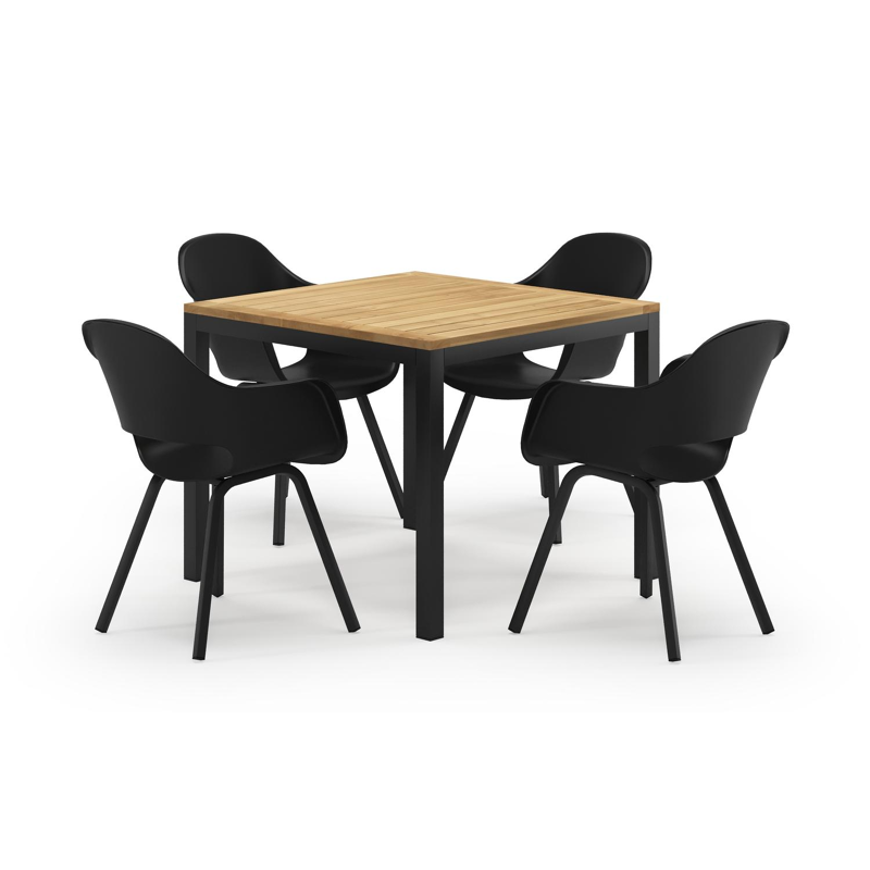 Feltro vierkante tuinset in zwart aluminium en teak natural finish met 4 Artena tuinstoelen