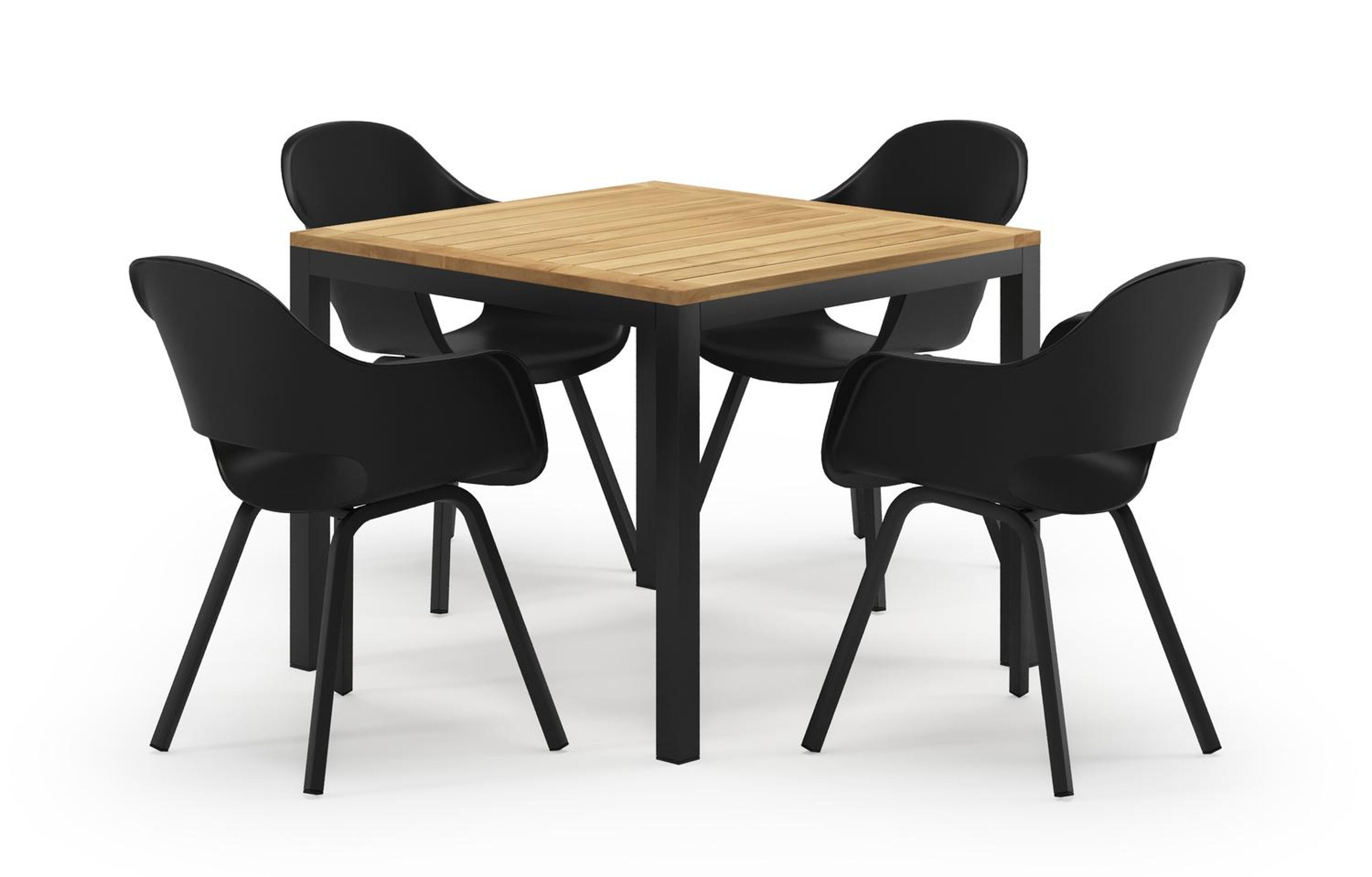 Feltro vierkante tuinset in zwart aluminium en teak natural finish met 4 Artena tuinstoelen