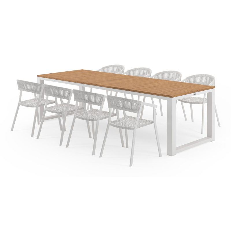 Livo tuinset in wit aluminium en teak met 8 Amalfi tuinstoelen