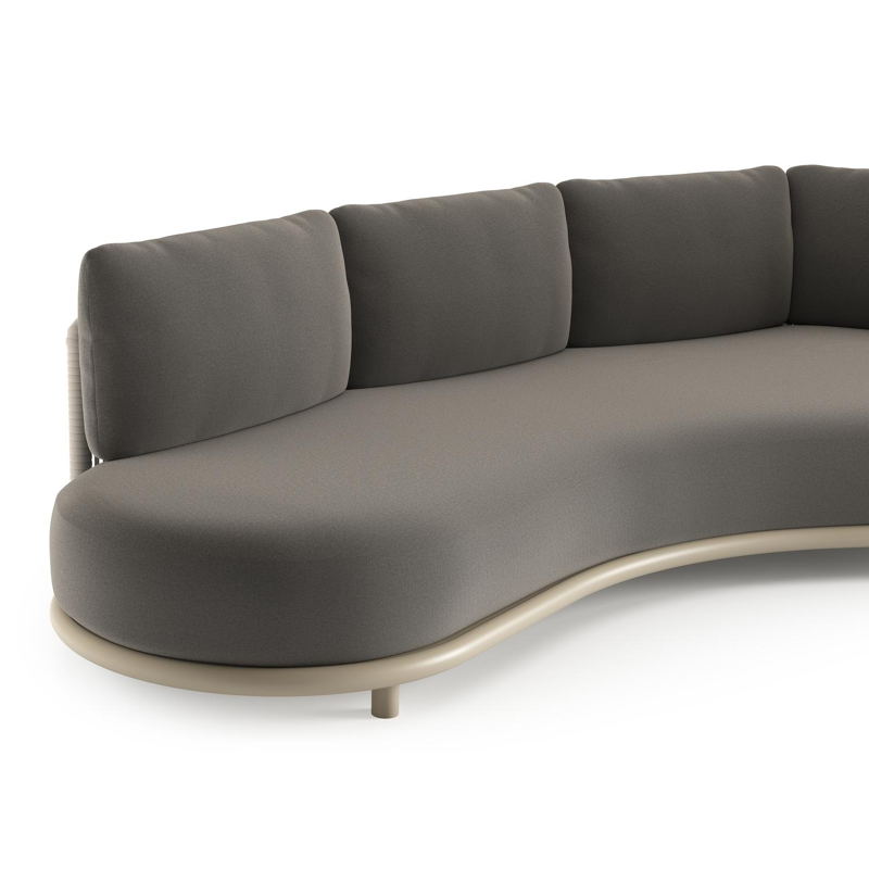 Lomano loungebank in beige aluminium en beige verticaal geweven luxe vlakke rope met natte dark taupe all weather sunbrella® luxe kussen