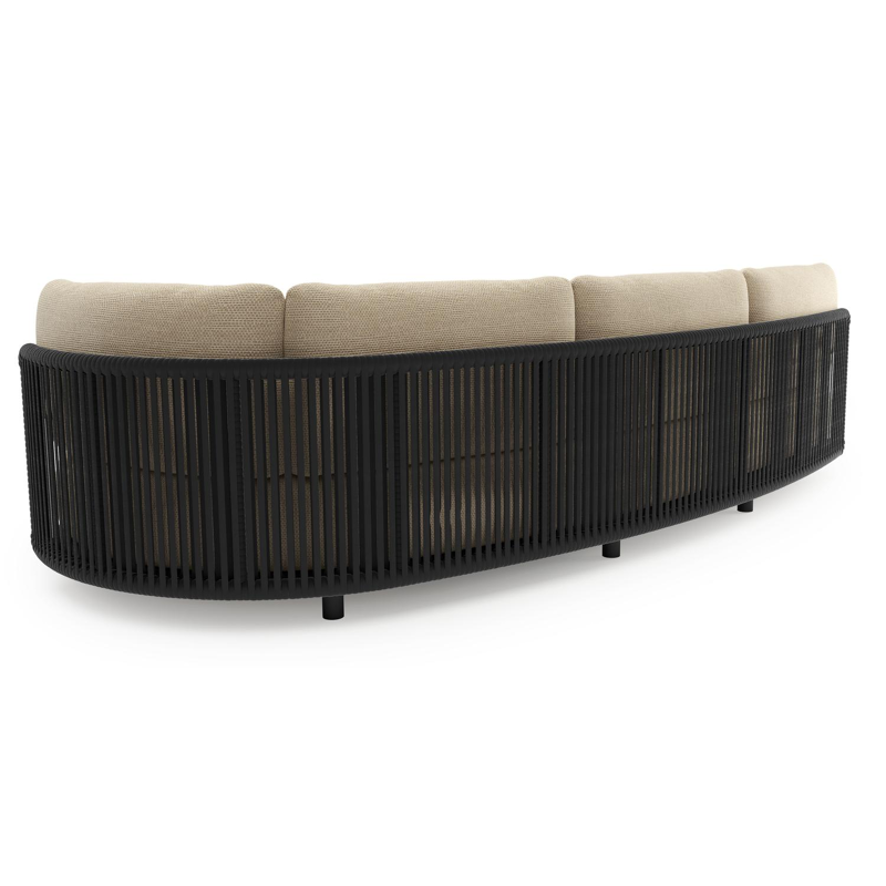 Lomano loungebank in zwart aluminium en zwart verticaal geweven luxe vlakke rope met althea camel all weather cosytica kussen