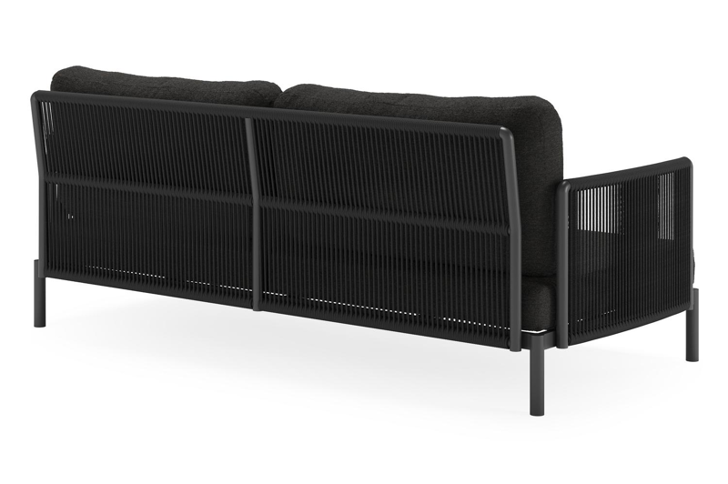 Salon de jardin Amarante en aluminium noir et corde ronde tissée verticalement noir et coussins en weather+ softtouch noir