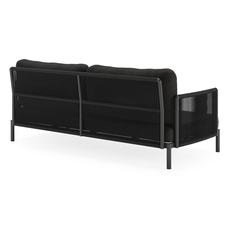 Amarante loungeset in zwart aluminium en zwart verticaal geweven ronde rope met zwart weather+ softtouch kussens