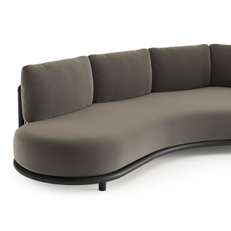 Lomano loungebank in zwart aluminium en zwart verticaal geweven luxe vlakke rope met natte carbon beige all weather sunbrella® luxe kussen