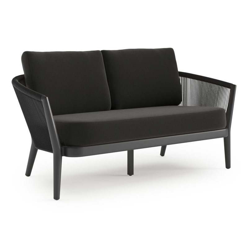 Orso loungebank in zwart aluminium en zwart verticaal geweven ronde rope met Natte Sooty all weather sunbrella® luxe kussen