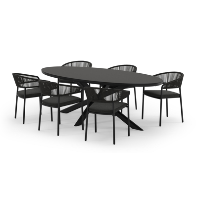 Pamplona ovale tuinset in zwart aluminium en sintered stone notte minerale met 6 Zamora tuinstoelen