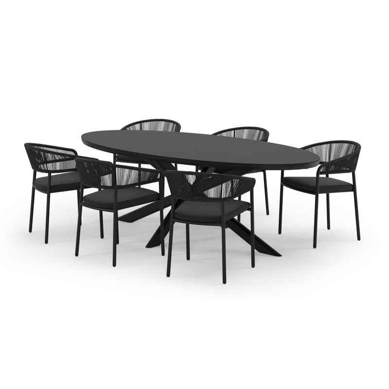 Pamplona ovale tuinset in zwart aluminium en sintered stone notte minerale met 6 Zamora tuinstoelen