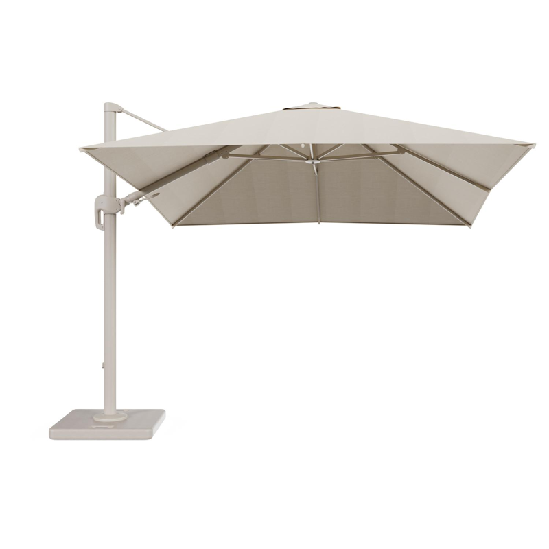 Rufina zweefparasol met tiltfunctie in beige aluminium en beige Sunbrella® Premium parasoldoek - L1 300 x L2 300 cm met parasolvoet Lapido 120 kg