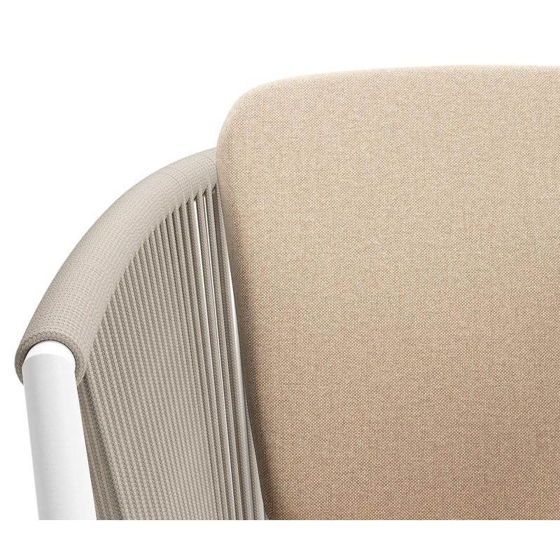 Orso tuinstoel in wit aluminium en beige verticaal geweven ronde rope met zitkussen in All Weather Sunbrella® Luxe Natte Heather Beige