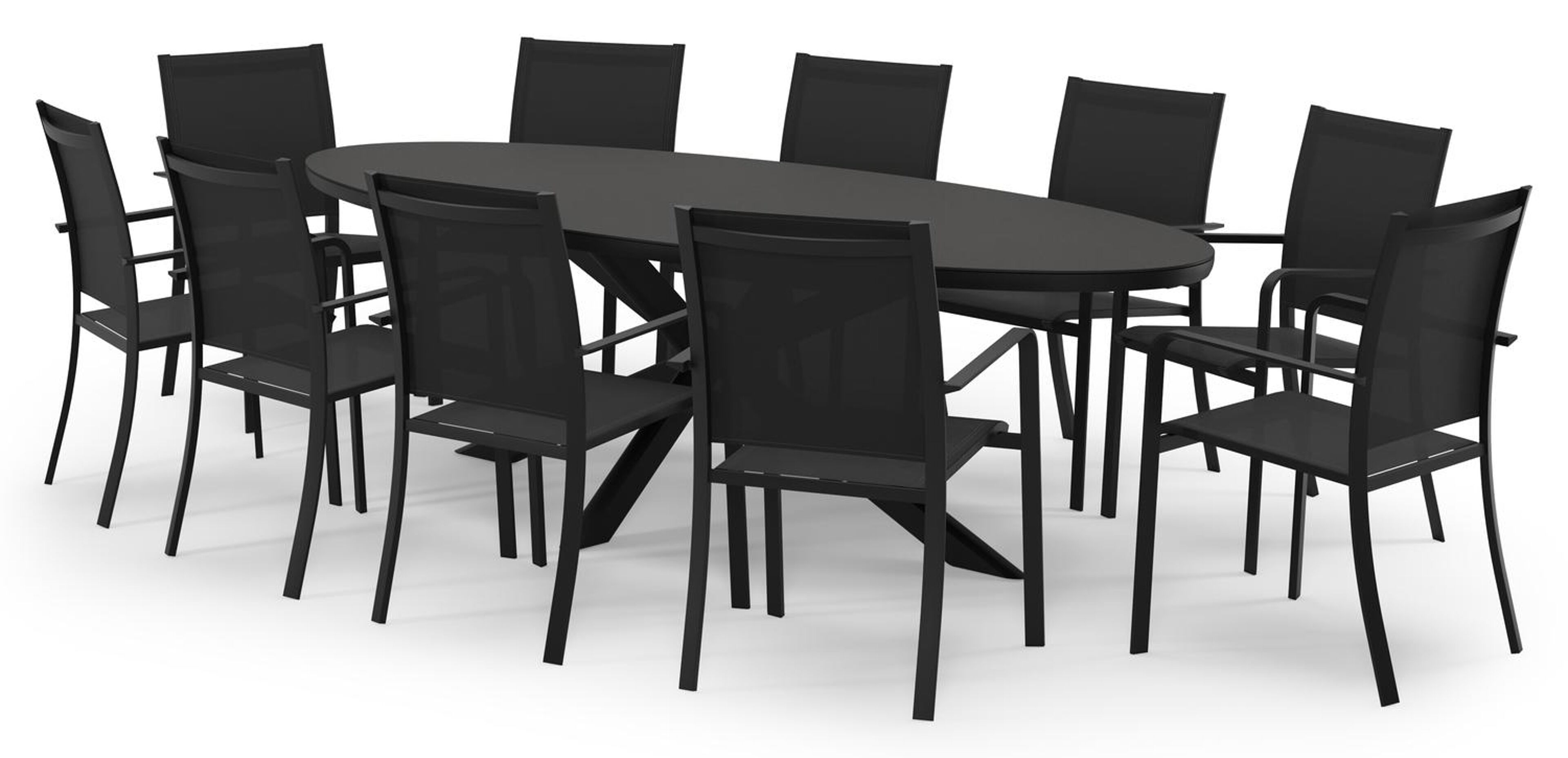 Pamplona ensemble de jardin ovale en aluminium noir en sintered stone notte minerale avec 10 chaises de jardin Calobra