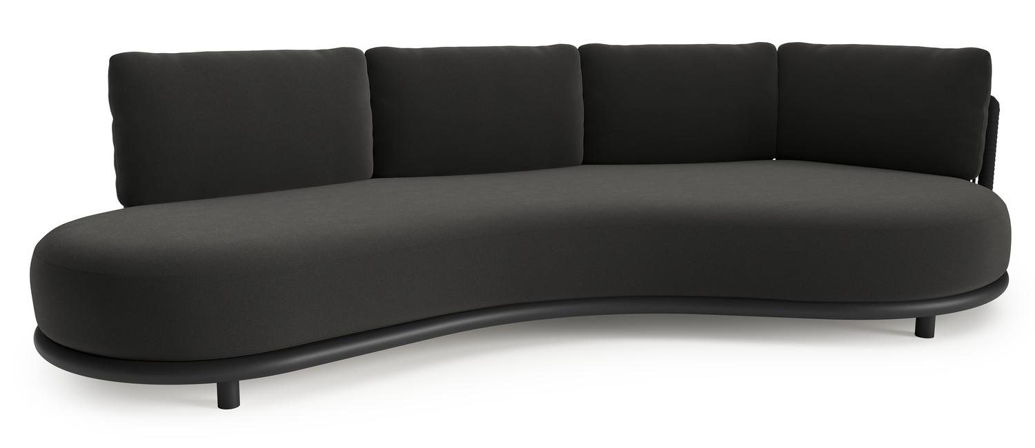 Lomano loungebank in zwart aluminium en zwart verticaal geweven luxe vlakke rope met natte sooty all weather sunbrella® luxe kussen