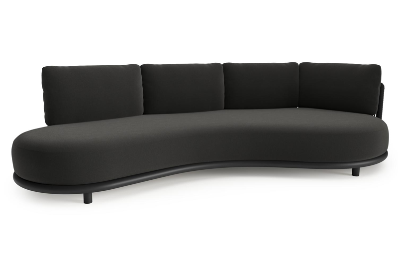 Lomano loungebank in zwart aluminium en zwart verticaal geweven luxe vlakke rope met natte sooty all weather sunbrella® luxe kussen