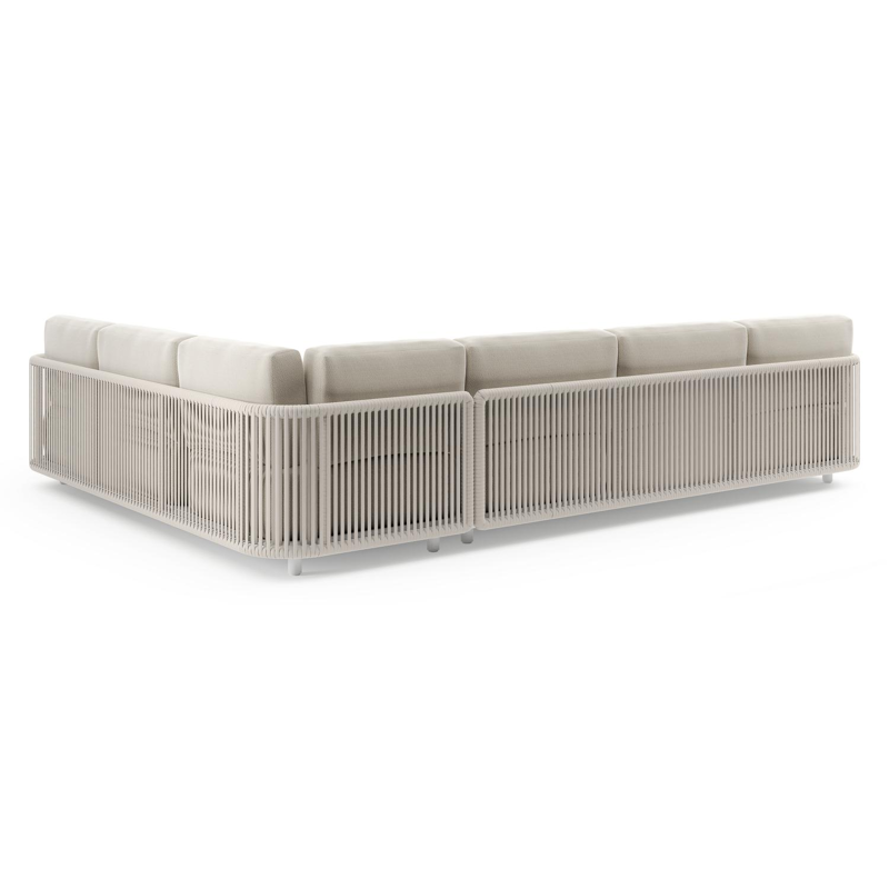 Organo loungehoek in wit aluminium en beige verticaal geweven luxe vlakke rope met lopi marble all weather sunbrella® luxe kussens