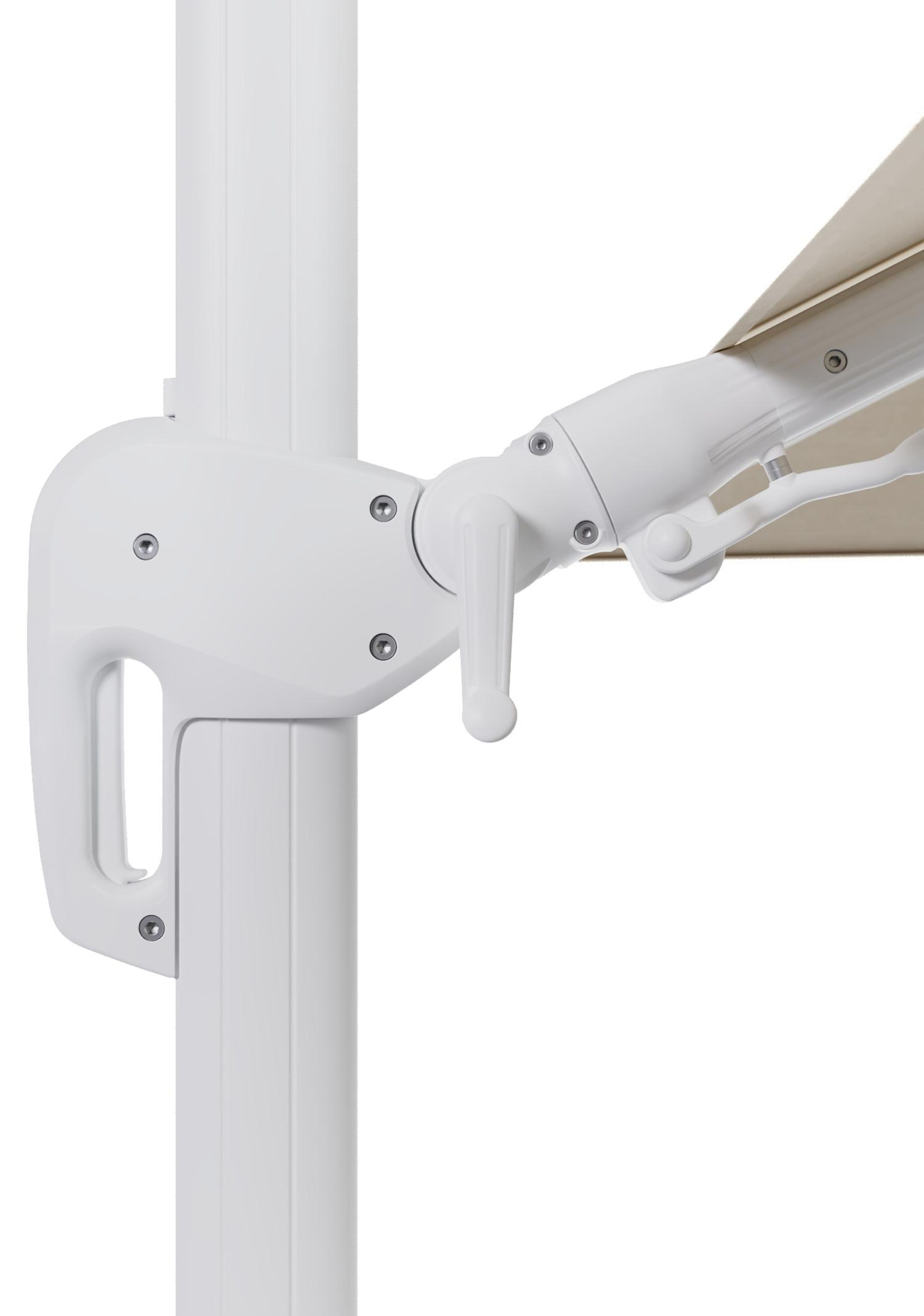 Rufina zweefparasol met tiltfunctie in wit aluminium en beige All Weather Sunbrella® Premium parasoldoek - L1 300 x L2 300 cm met parasolvoet Minore 150 kg met wielen