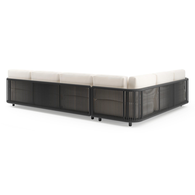 Organo loungehoek in zwart aluminium en zwart verticaal geweven luxe vlakke rope met lopi snow all weather Sunbrella® luxe kussen