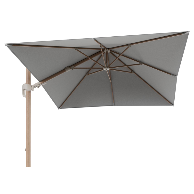 Rufina zweefparasol tiltfunctie in houtlook aluminium en parasoldoek in All Weather Sunbrella® Luxe Savane Nimbus  - L1 300 x L2 300 cm (zonder voet)