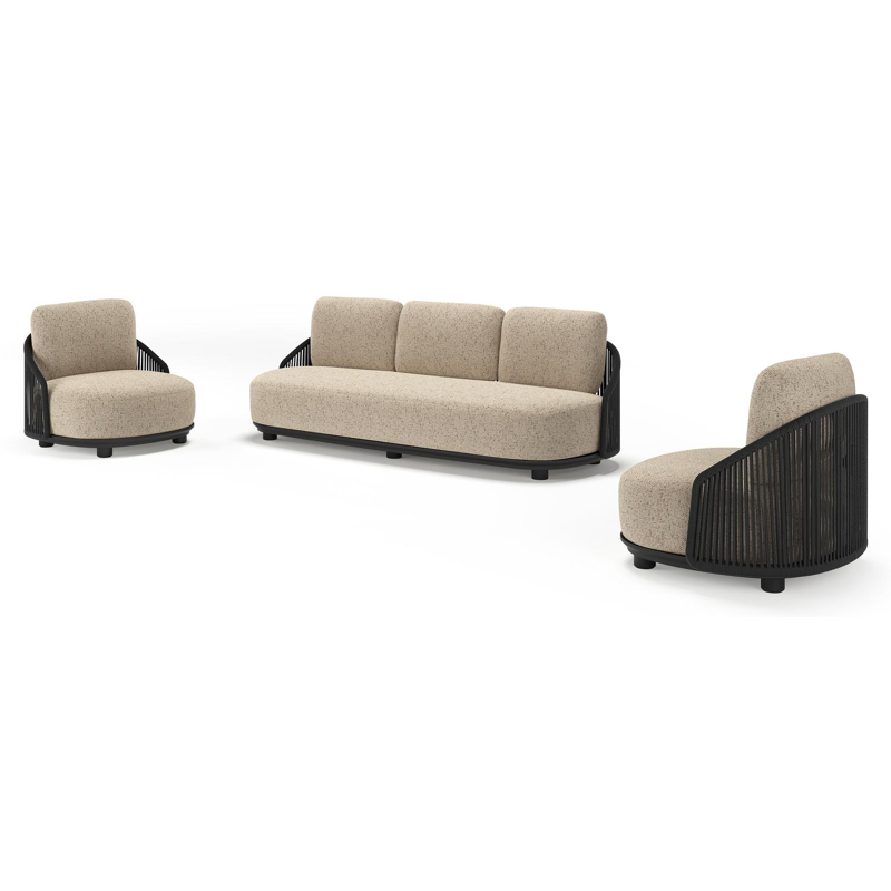 Salon de jardin Vadelo en aluminium noir et corde ronde tissée verticalement noir et coussins en all weather cosytica bora jungle