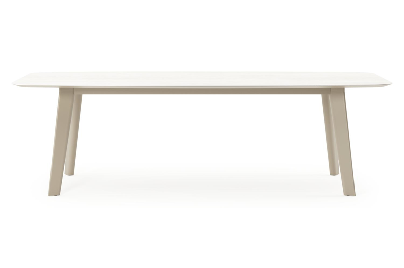 Table de jardin Lacirma forme de bateau en aluminium beige et céramique pleine Calista Lg. 255 x Lrg. 115 x Haut. 74 cm